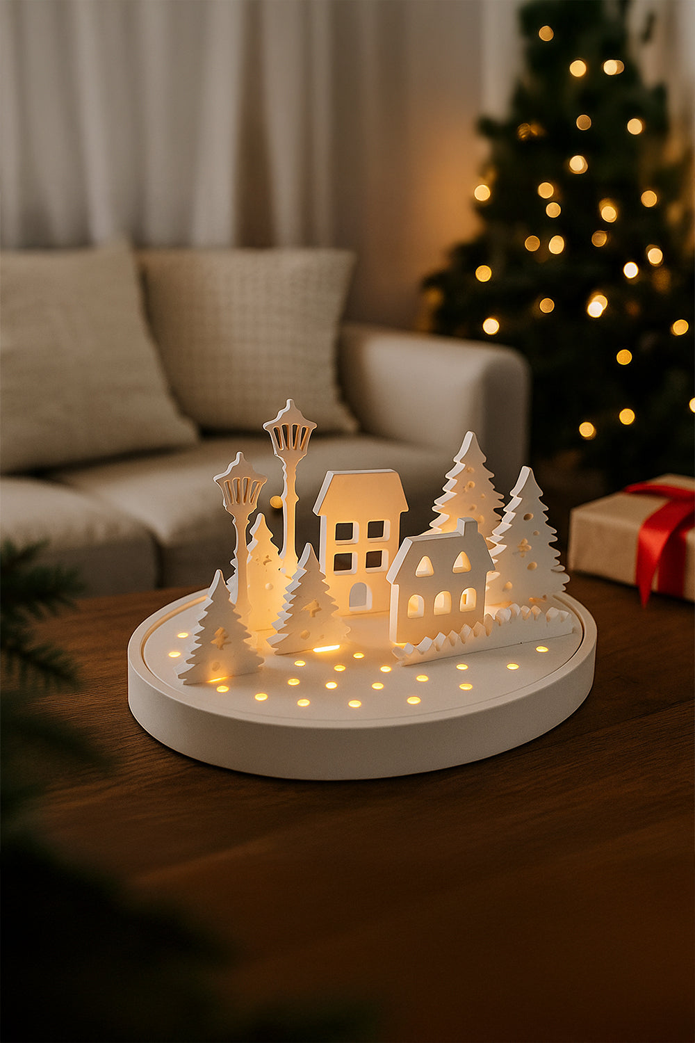 Yılbaşı Temalı Tealight Mumluk - Ev & Ağaç Figürlü Dekoratif Ürün, Beyaz Düşler Köyü, Yılbaşı Hediye - 1