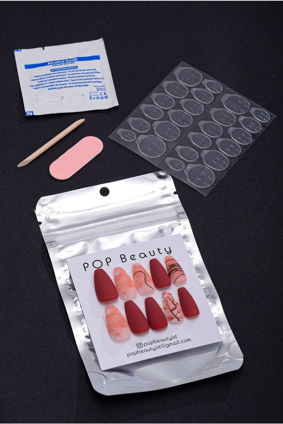 POP Beauty-Kadın Kırmızı Takma Tırnak Seti Ve Yapıştırıcı-Takma Tırnak ve Aksesuarları-4-Milagron.com