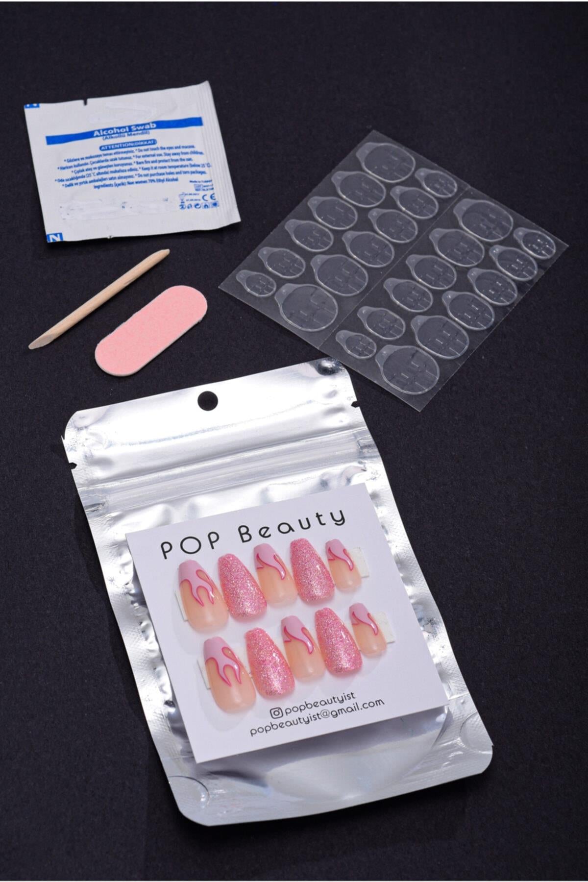 POP Beauty-Kadın Pembe Desenli Takma Tırnak Ve Yapıştırıcı-Takma Tırnak ve Aksesuarları-4-Milagron.com