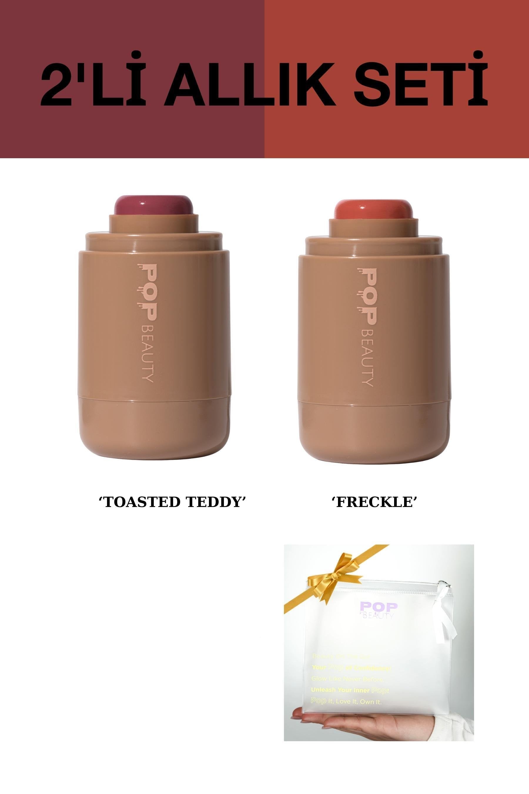 POP Beauty-Yanak Ve Dudak Renklendirici Stick Allık Seti - 2 Renk Allık Ve Makyaj Çantası-Makyaj Seti-1-Milagron.com