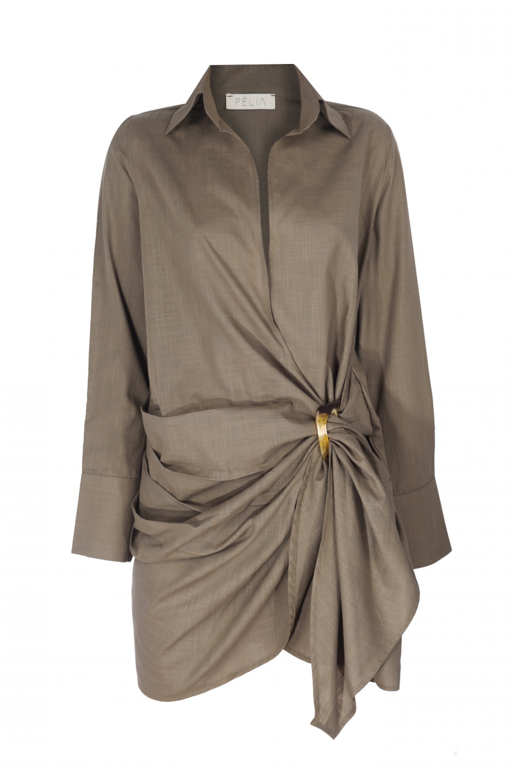Pelia-Libari Haki Keten Gömlek Elbise-Elbise-1-Milagron.com