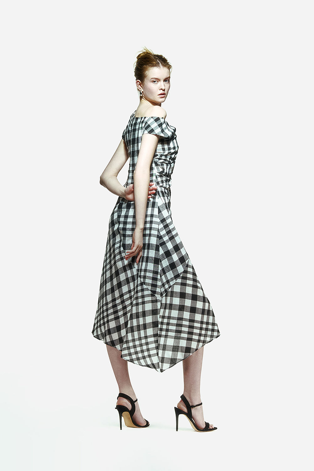 Peploum-Ama Drapped Dress In Checkered Pattern-Elbise-2-Milagron.com