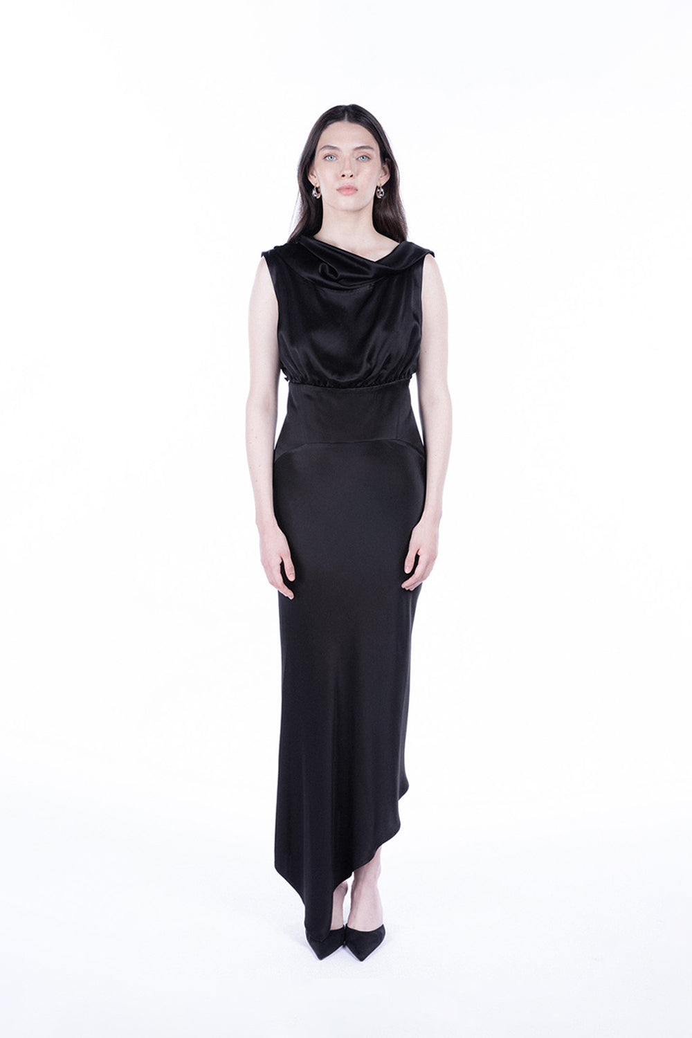 Peploum-Lea Folded Neckline Sateen Dress-Elbise-1-Milagron.com