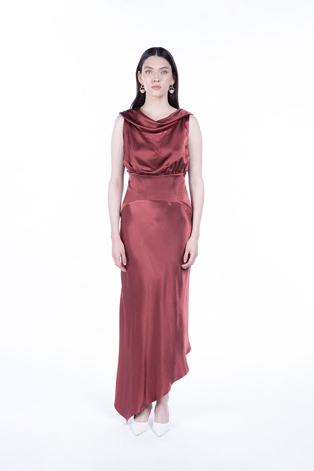 Peploum-Lea Folded Neckline Sateen Dress-Elbise-1-Milagron.com