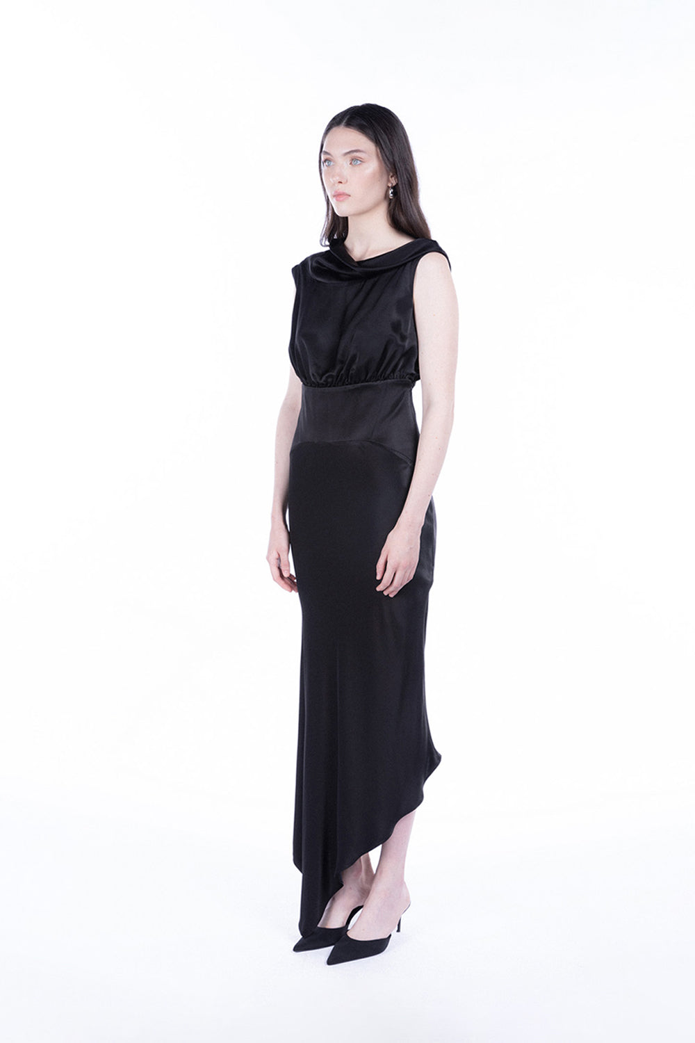 Peploum-Lea Folded Neckline Sateen Dress-Elbise-2-Milagron.com