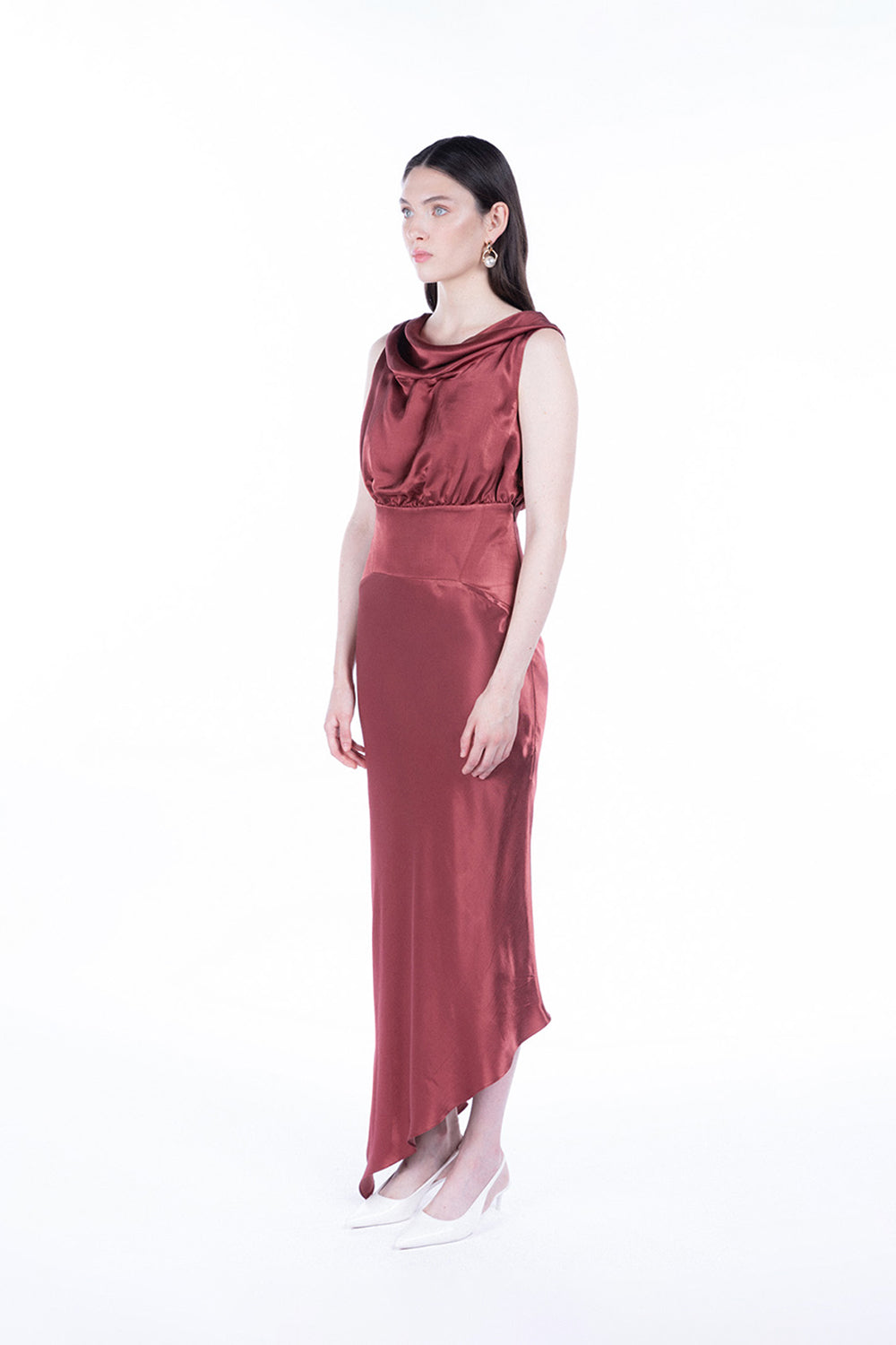 Peploum-Lea Folded Neckline Sateen Dress-Elbise-3-Milagron.com