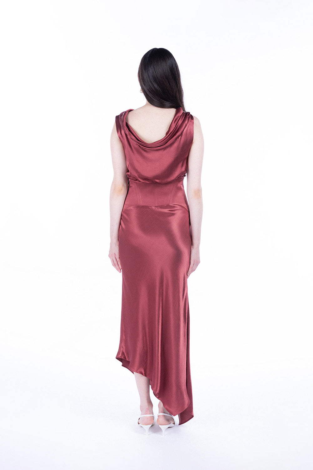 Peploum-Lea Folded Neckline Sateen Dress-Elbise-5-Milagron.com