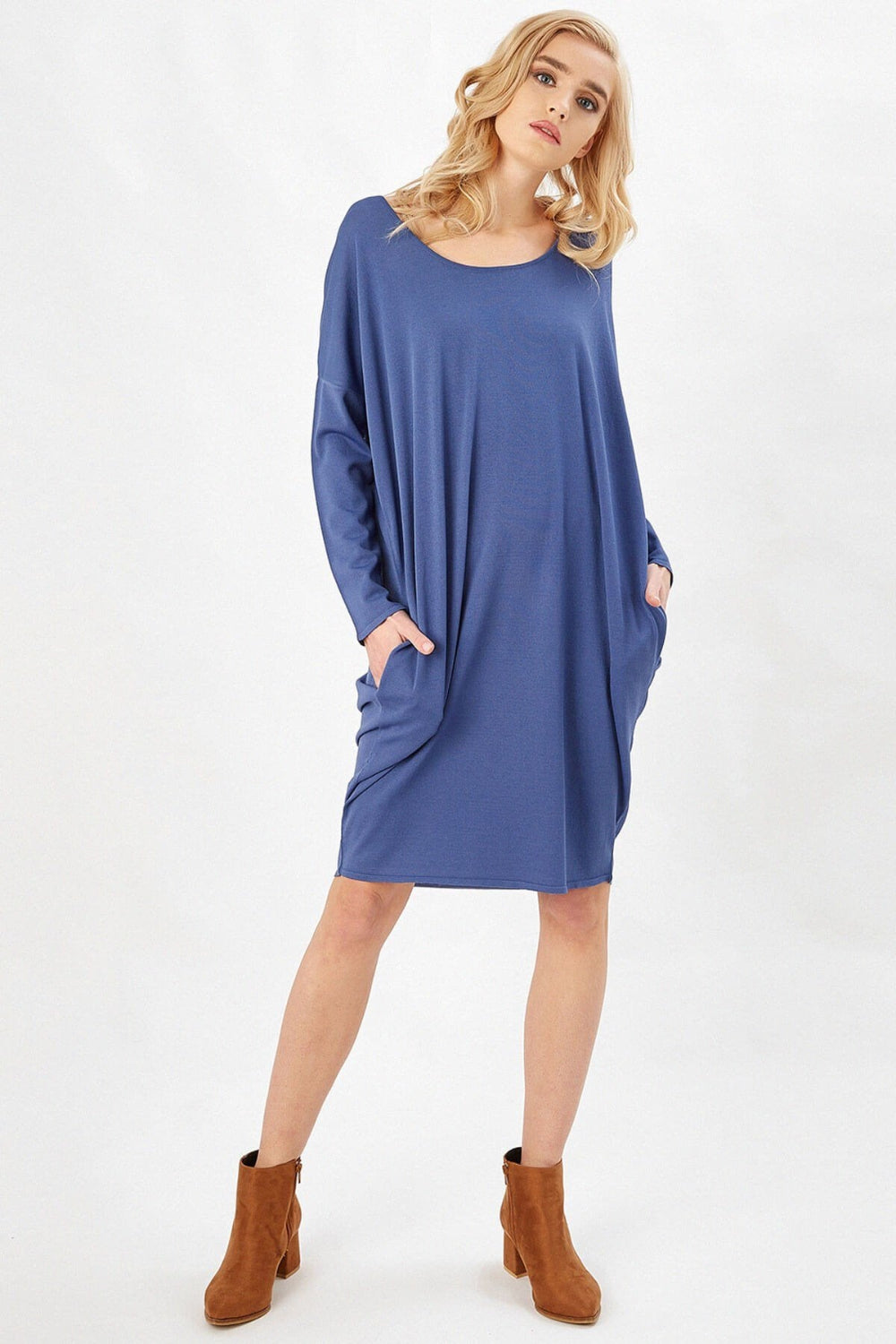 Peraluna-3/4 Kol Balon Kadın Elbise İndi̇go-Elbise-1-Milagron.com