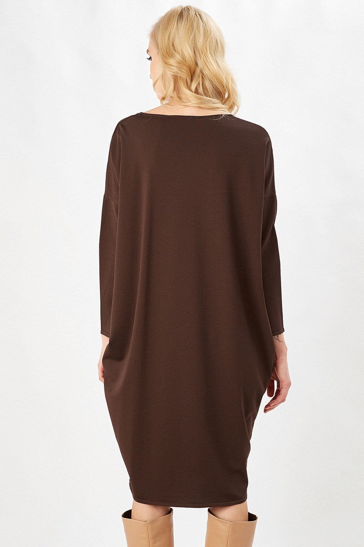 Peraluna-3/4 Kol Balon Kadın Elbise Kahve-Elbise-2-Milagron.com
