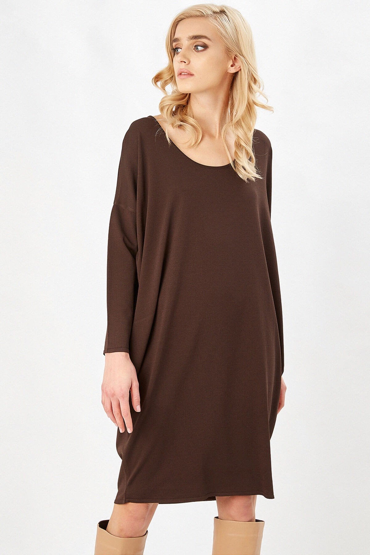 Peraluna-3/4 Kol Balon Kadın Elbise Kahve-Elbise-6-Milagron.com