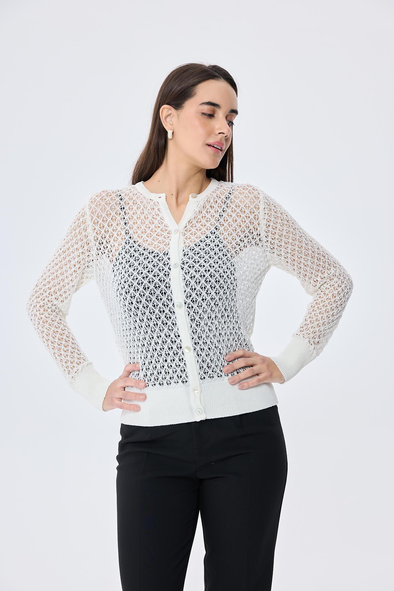 Peraluna-Addison Ajur Örgülü Kadın Triko Hırka Ekru-Kazak & Triko-2-Milagron.com