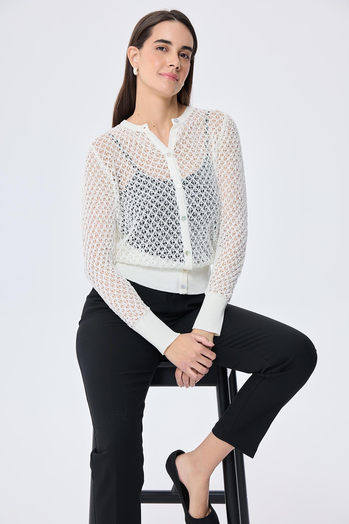 Peraluna-Addison Ajur Örgülü Kadın Triko Hırka Ekru-Kazak & Triko-3-Milagron.com