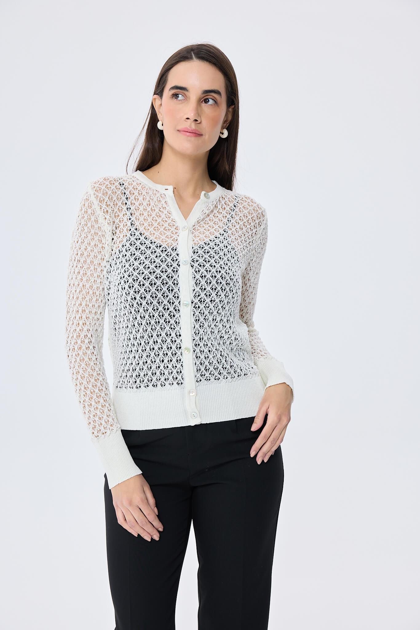 Peraluna-Addison Ajur Örgülü Kadın Triko Hırka Ekru-Kazak & Triko-4-Milagron.com