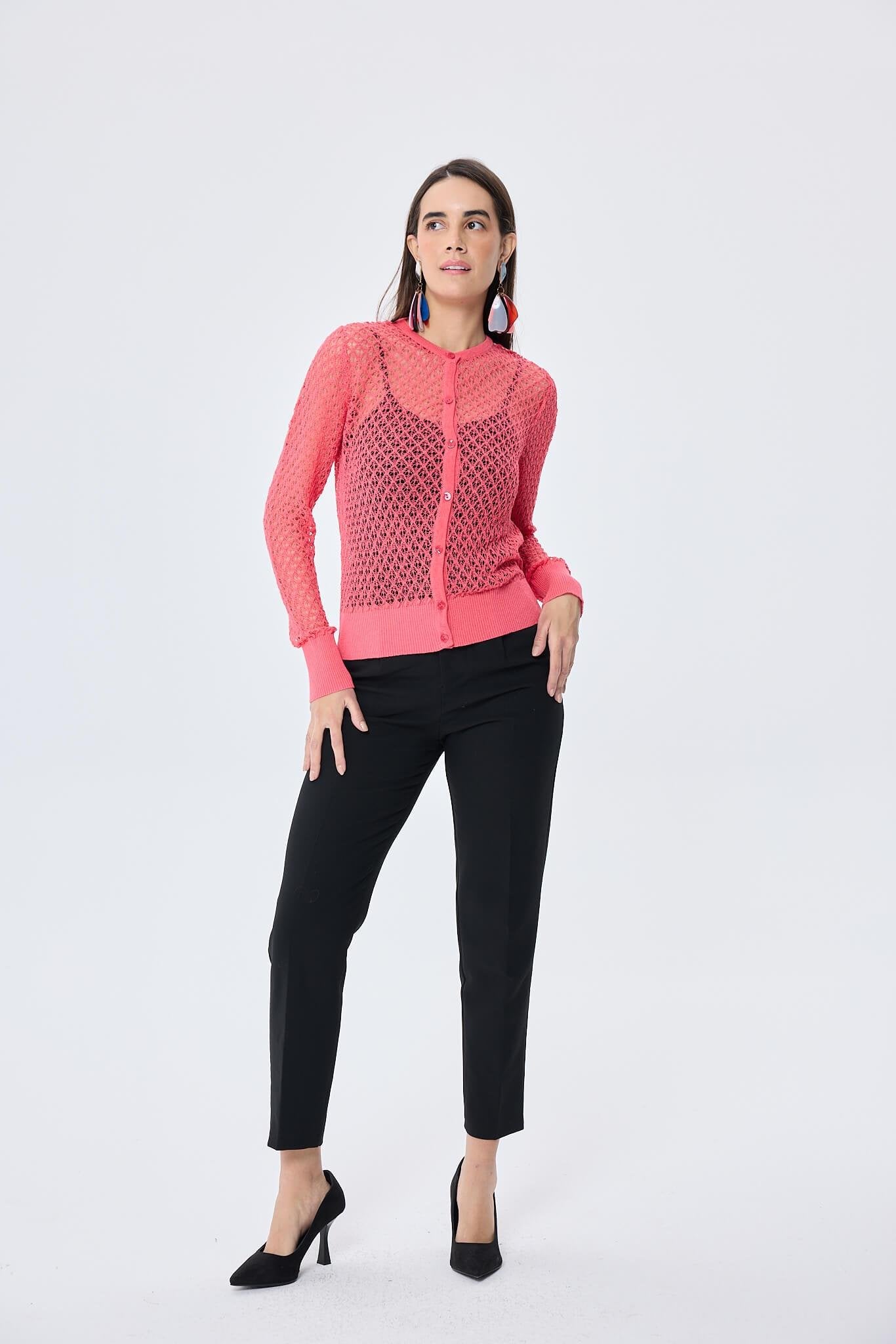 Peraluna-Addison Ajur Örgülü Kadın Triko Hırka Koral-Kazak & Triko-1-Milagron.com