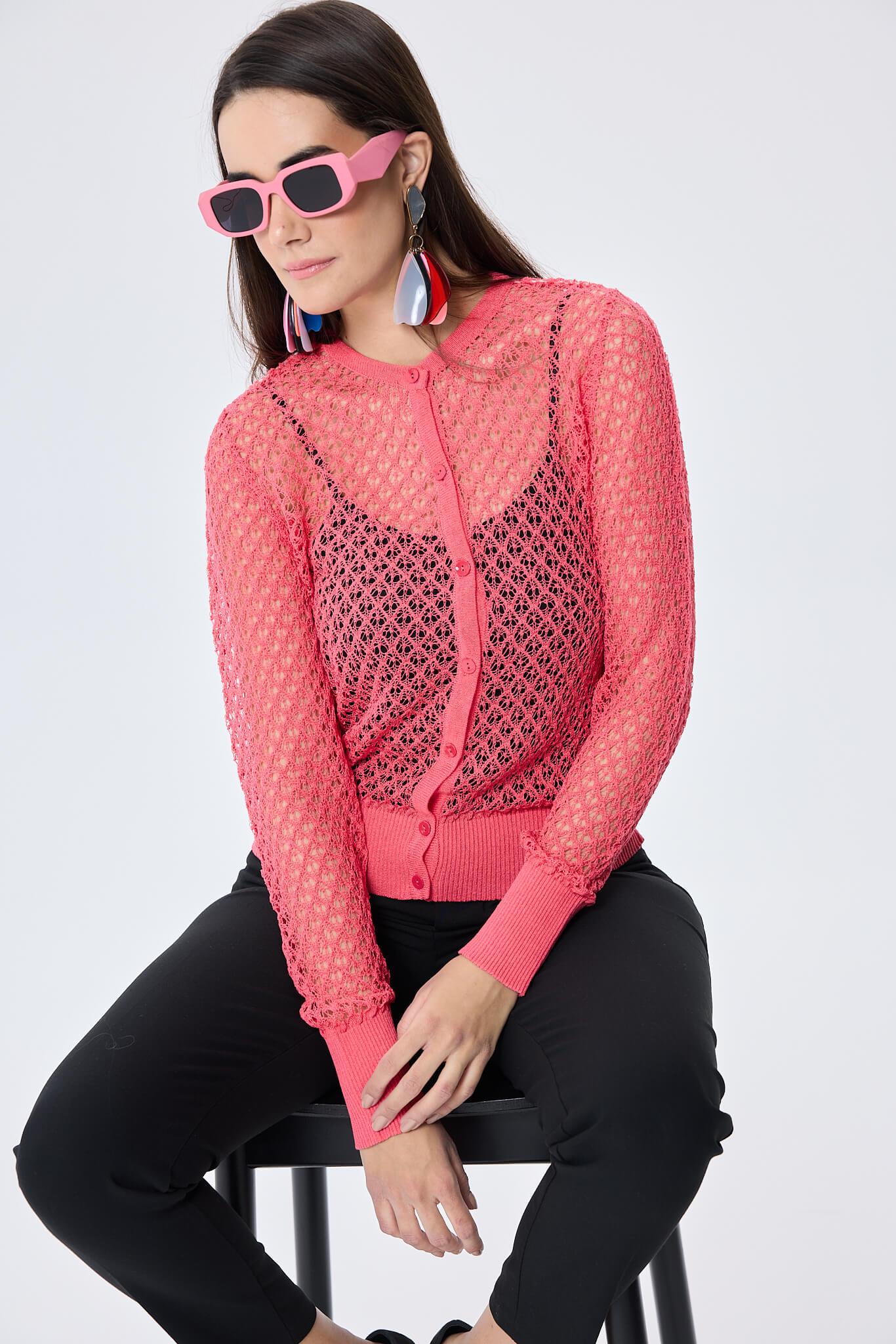 Peraluna-Addison Ajur Örgülü Kadın Triko Hırka Koral-Kazak & Triko-2-Milagron.com