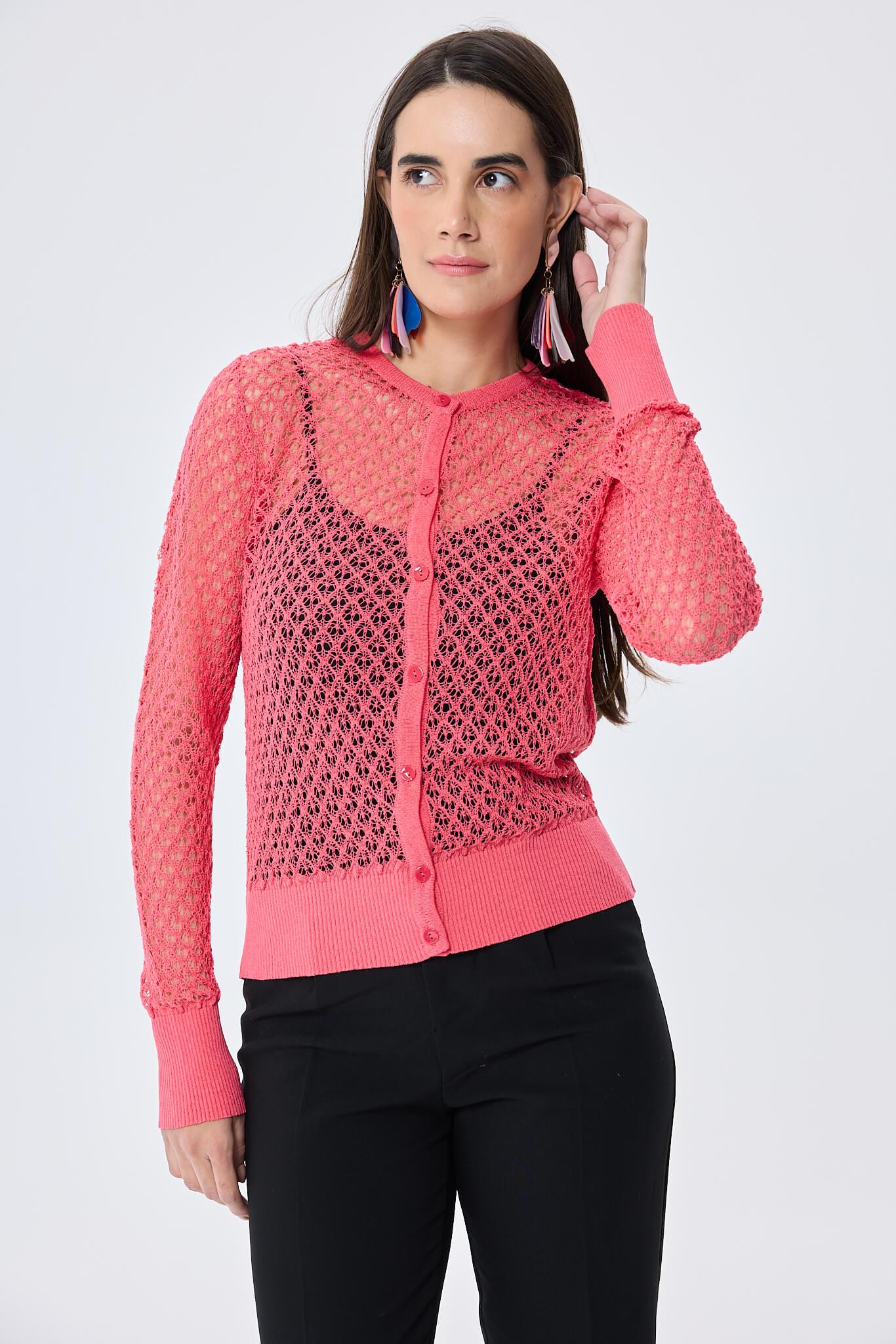 Peraluna-Addison Ajur Örgülü Kadın Triko Hırka Koral-Kazak & Triko-4-Milagron.com