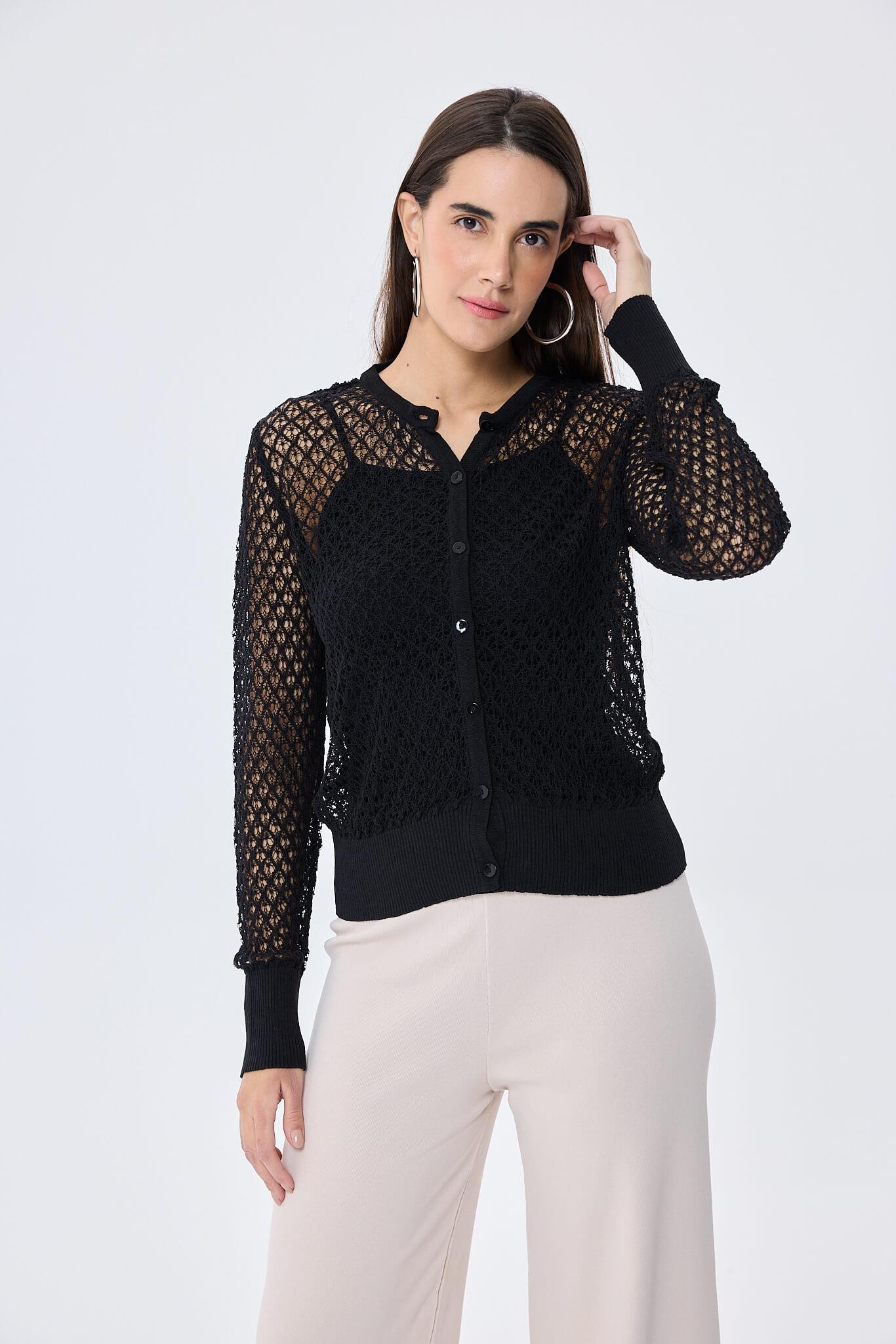 Peraluna-Addison Ajur Örgülü Kadın Triko Hırka Si̇yah-Kazak & Triko-2-Milagron.com