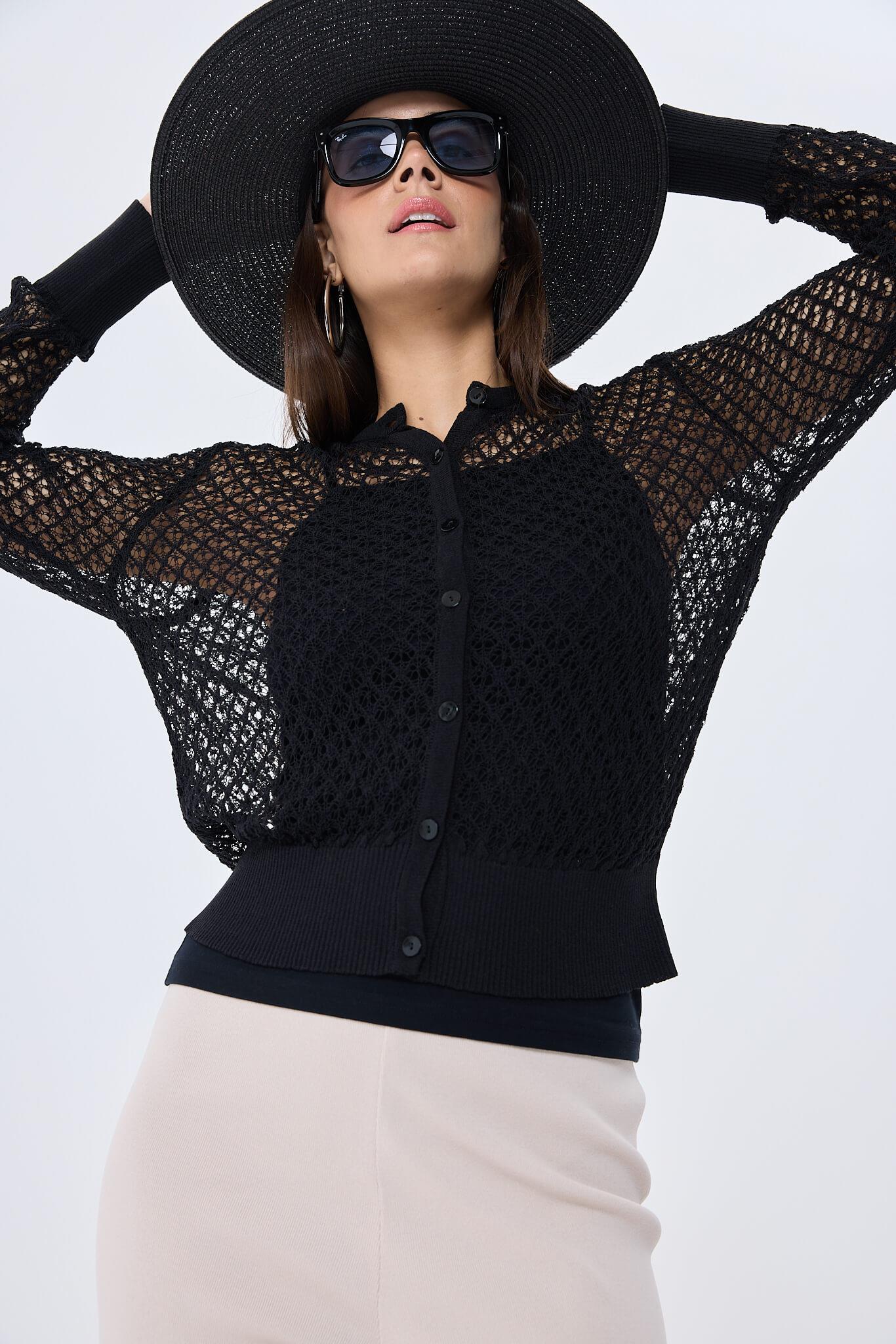 Peraluna-Addison Ajur Örgülü Kadın Triko Hırka Si̇yah-Kazak & Triko-3-Milagron.com