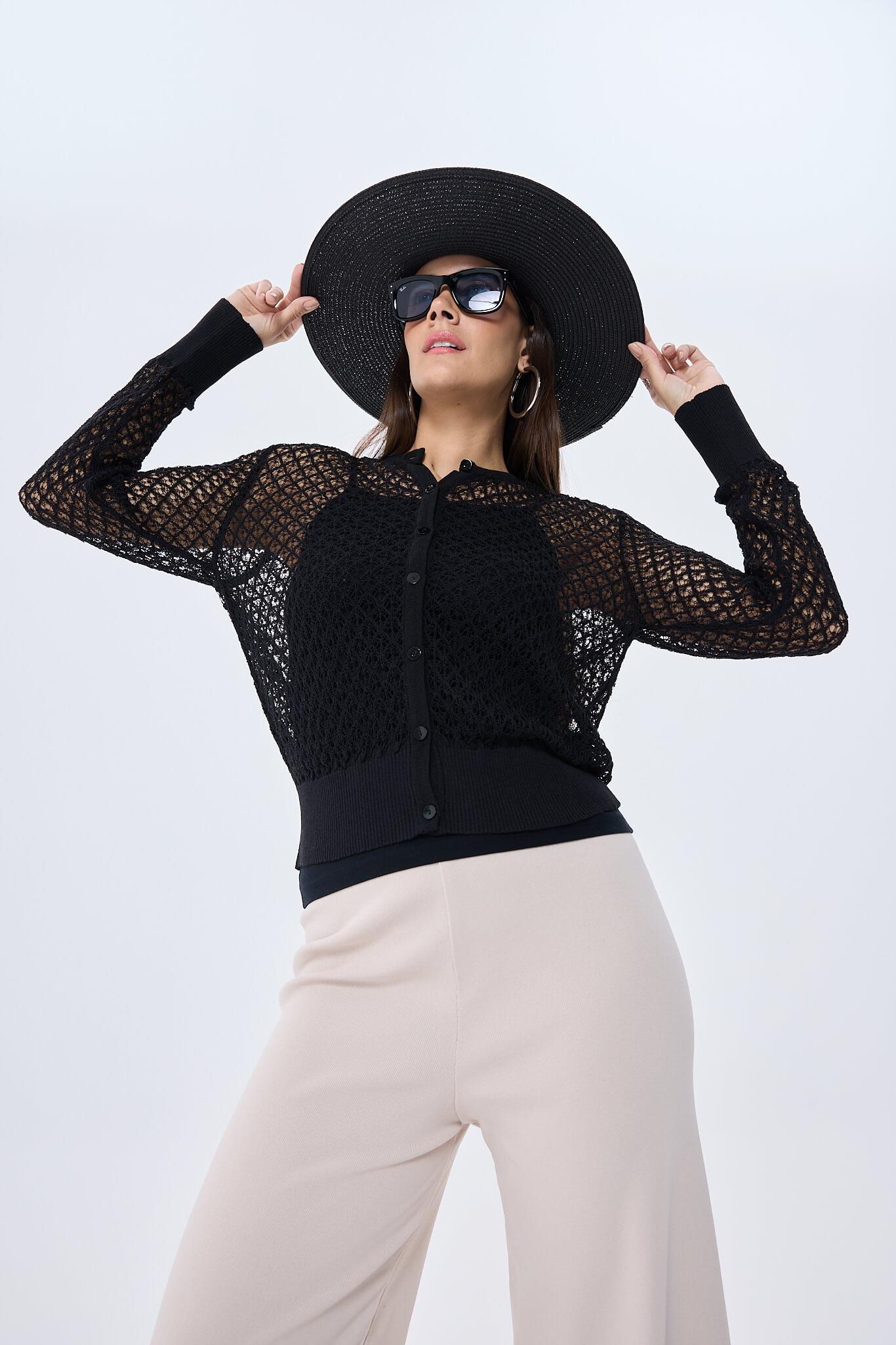 Peraluna-Addison Ajur Örgülü Kadın Triko Hırka Si̇yah-Kazak & Triko-4-Milagron.com