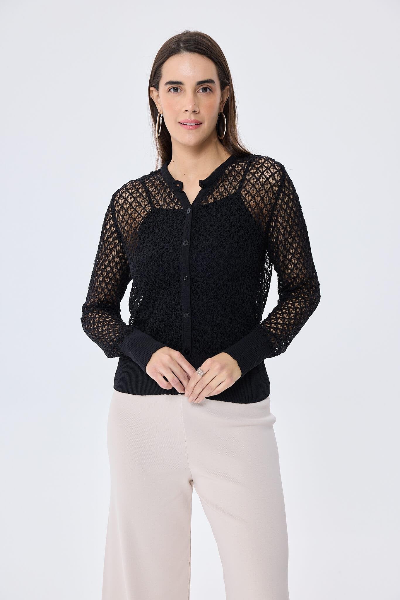 Peraluna-Addison Ajur Örgülü Kadın Triko Hırka Si̇yah-Kazak & Triko-5-Milagron.com