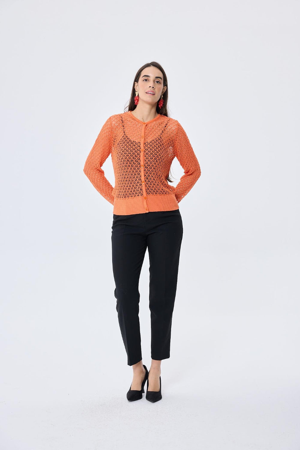 Peraluna-Addison Ajur Örgülü Kadın Triko Hırka Turuncu-Kazak & Triko-1-Milagron.com