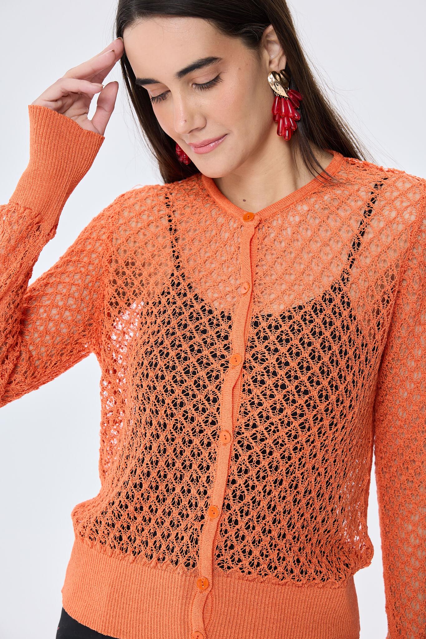 Peraluna-Addison Ajur Örgülü Kadın Triko Hırka Turuncu-Kazak & Triko-6-Milagron.com