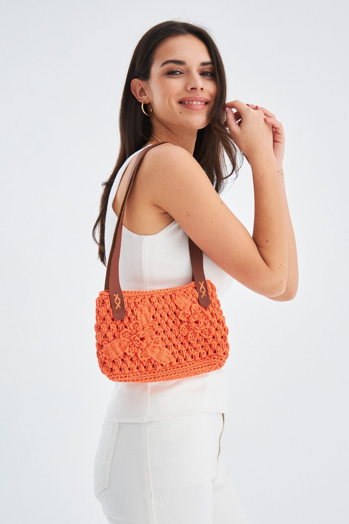 Peraluna AiLa Bag %100 Pamuk Çiçek Desen El Yapımı Kadın Triko Çanta - Neon Turuncu