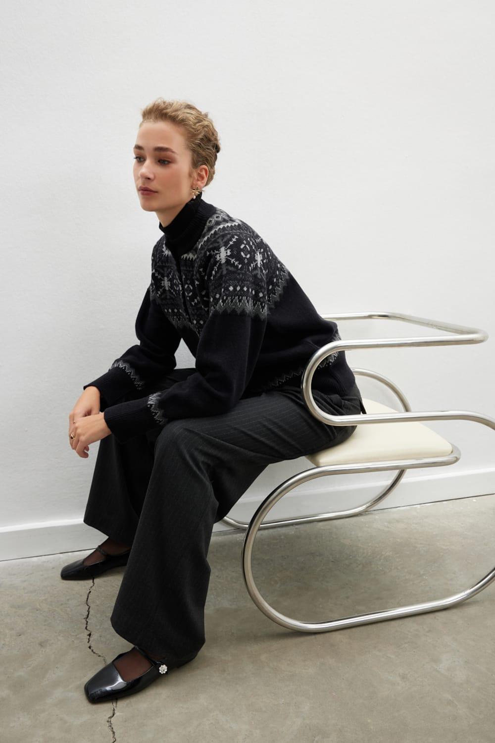 Peraluna-Aisling Cardigan Bisiklet Yaka Yün Karışım Etnik Motif Kadın Triko Hırka-Kazak & Triko-4-Milagron.com