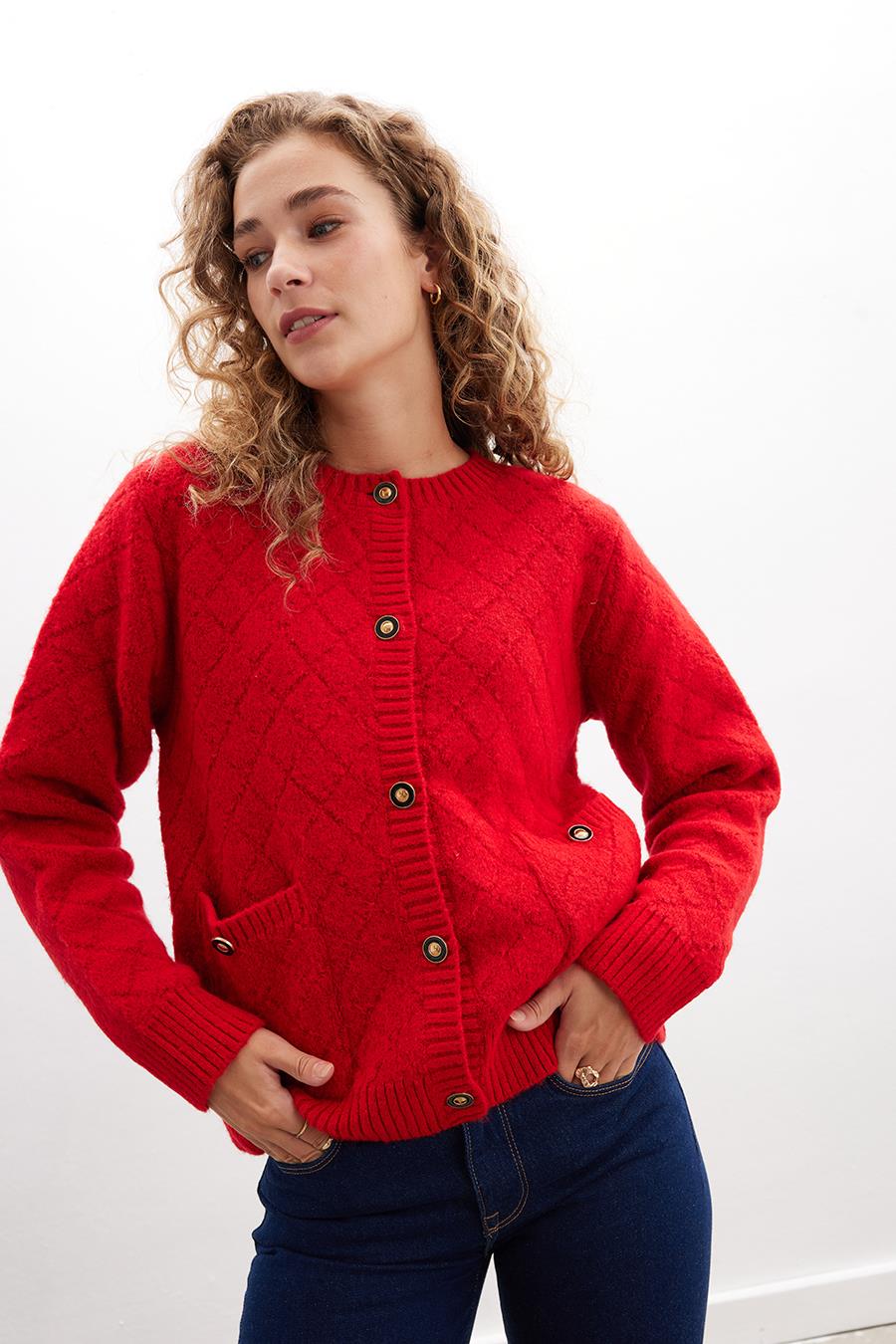 Peraluna Alba Jacket Baklava Desen Bisiklet Yaka Rahat Kesim Kadın Triko Ceket - Kırmızı