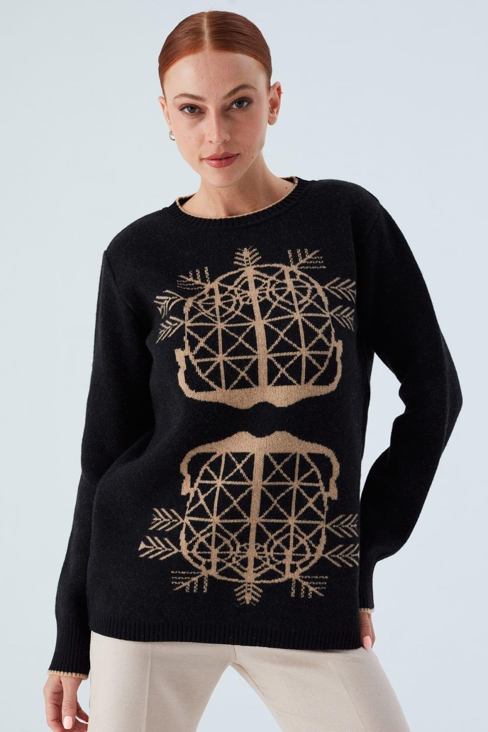 Peraluna-Amaris Pullover Jakarlı Yünlü Uzun Kadın Triko Kazak-Kazak & Triko-2-Milagron.com