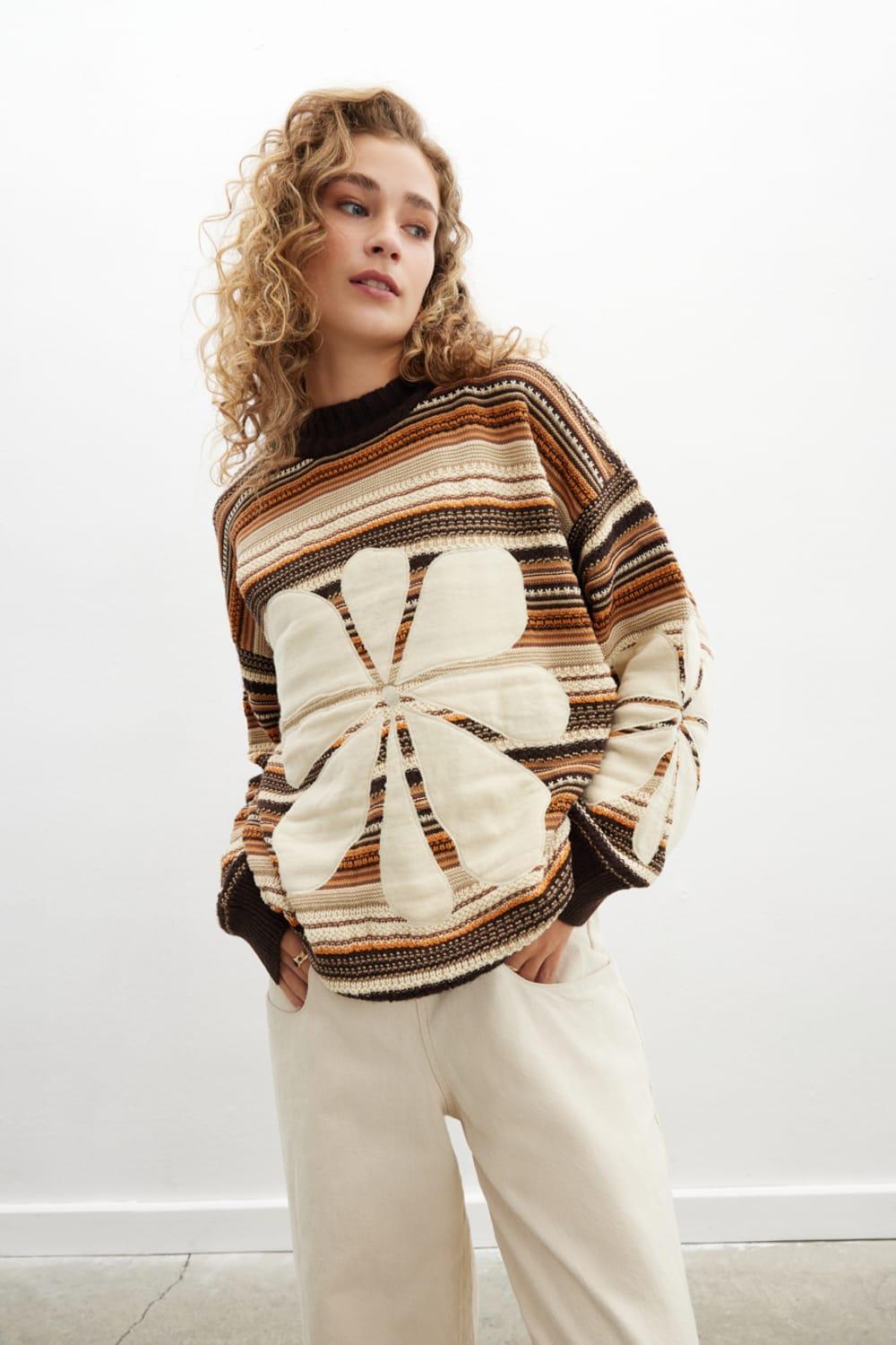 Peraluna-Amelia Pullover Yüksek Yaka Çiçek Desen Çok Renkli Organik Pamuk Karışım Kadın Triko Kazak-Kazak & Triko-3-Milagron.com