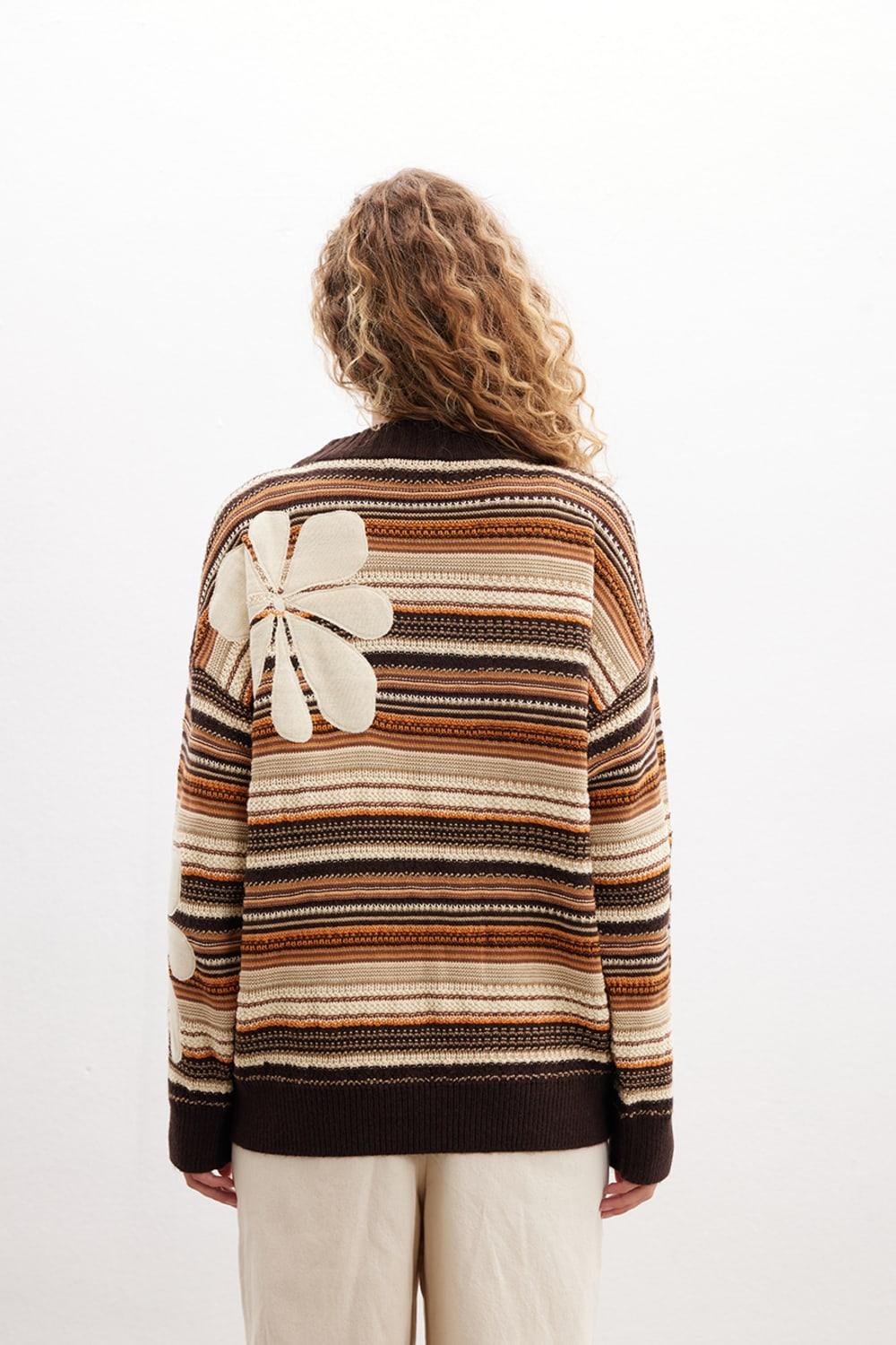 Peraluna-Amelia Pullover Yüksek Yaka Çiçek Desen Çok Renkli Organik Pamuk Karışım Kadın Triko Kazak-Kazak & Triko-5-Milagron.com