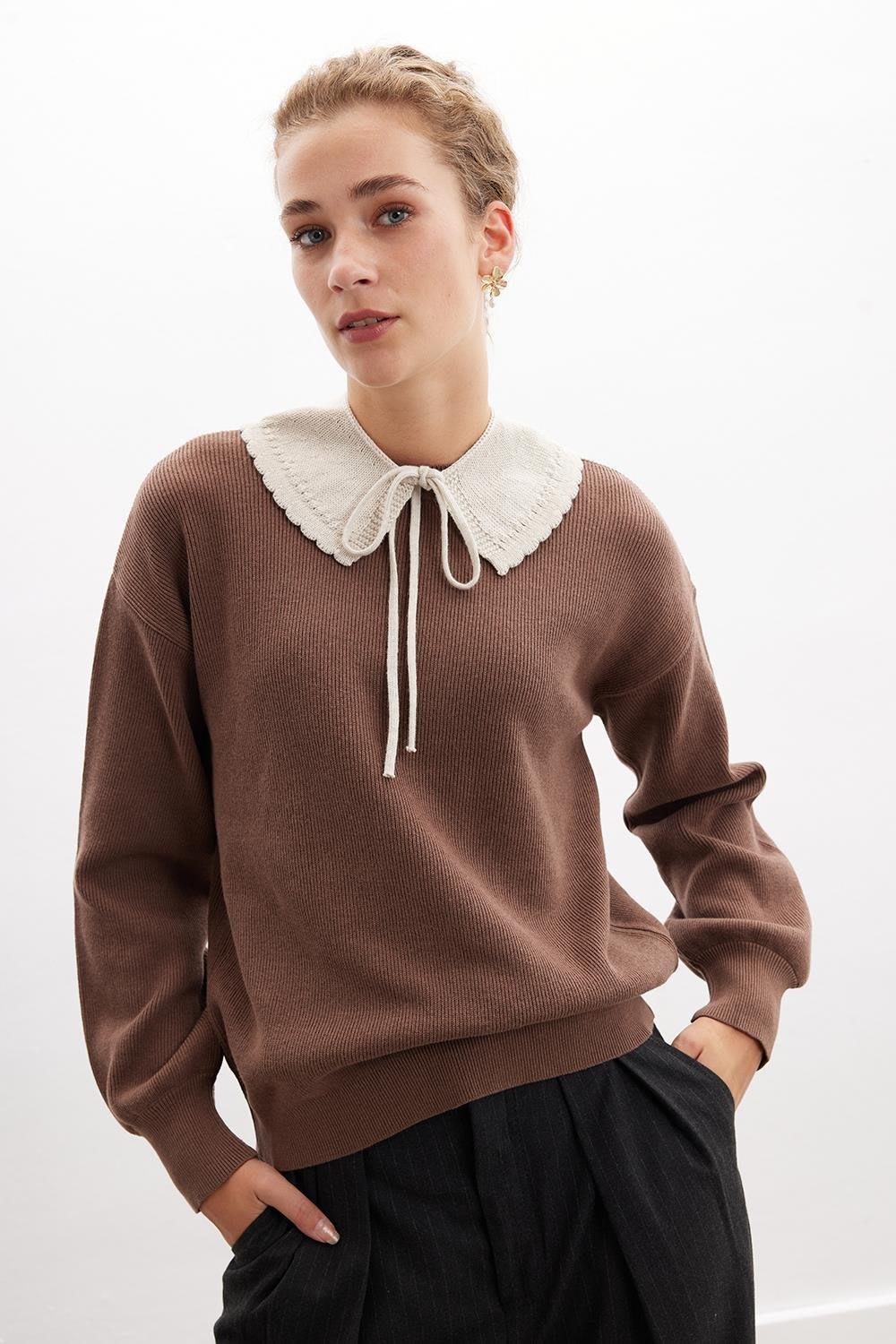 Peraluna-Annette Pullover Bisiklet Yaka Büzgü Kol Kadın Triko Kazak-Kazak & Triko-10-Milagron.com