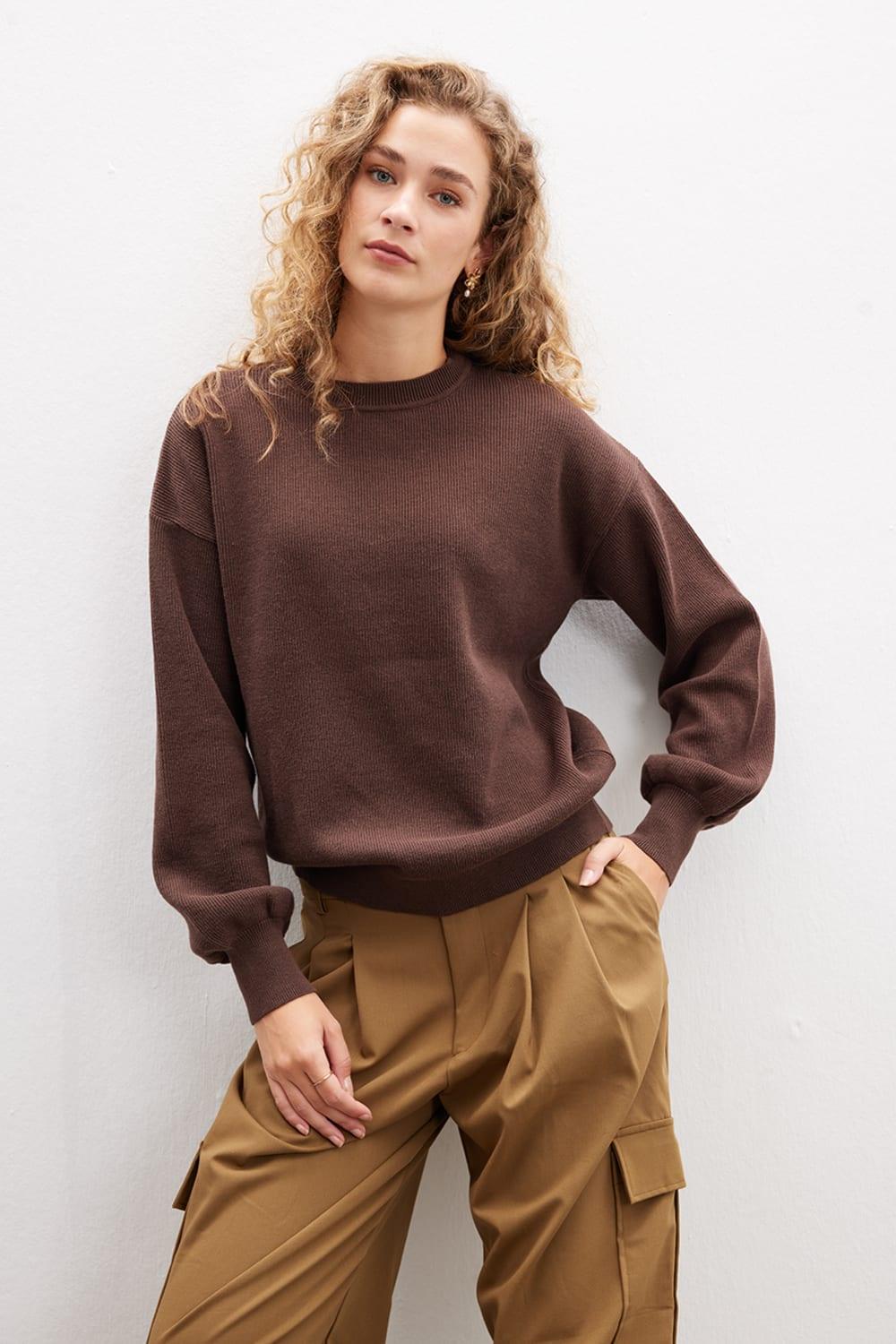 Peraluna-Annette Pullover Bisiklet Yaka Büzgü Kol Kadın Triko Kazak-Kazak & Triko-2-Milagron.com