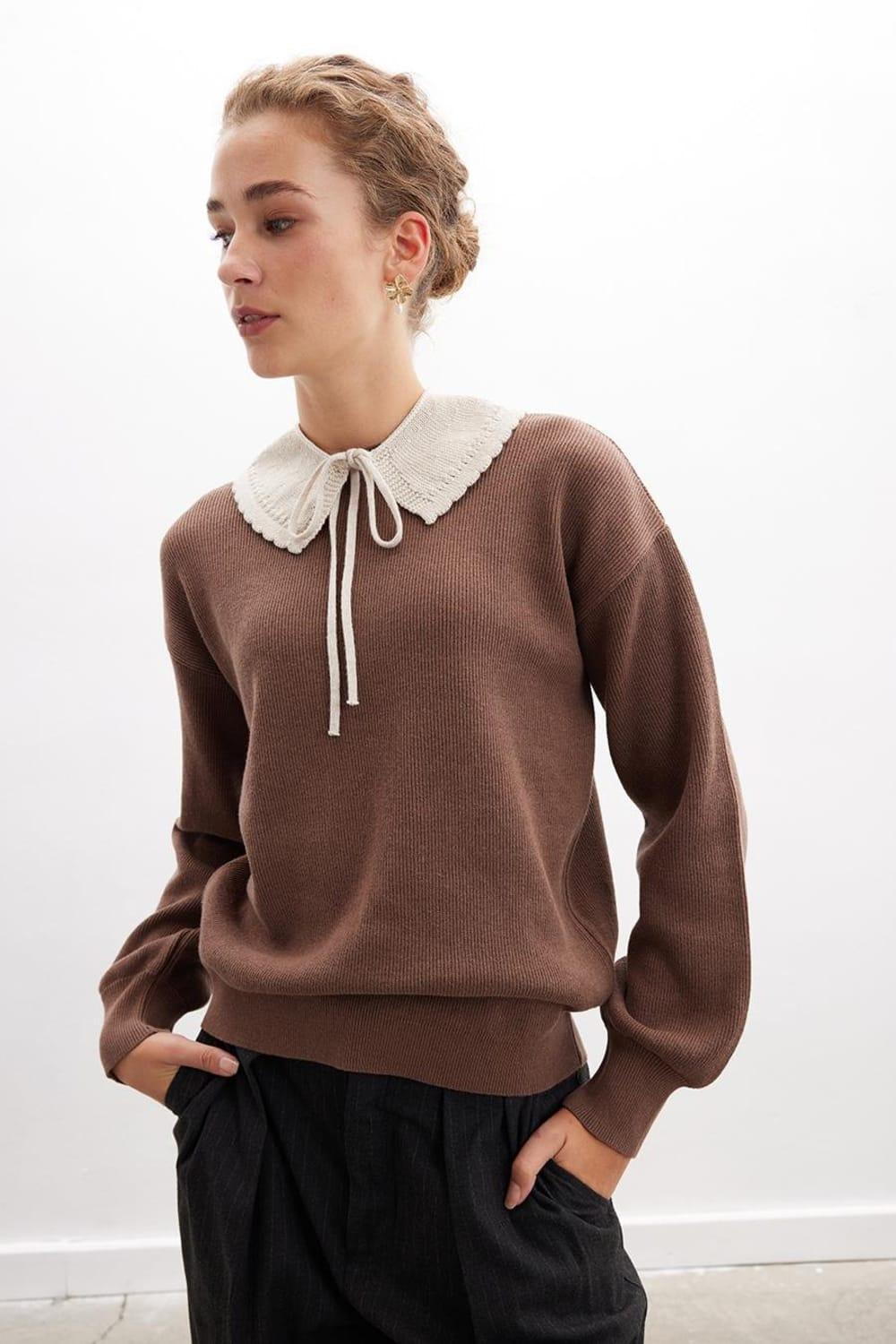 Peraluna-Annette Pullover Bisiklet Yaka Büzgü Kol Kadın Triko Kazak-Kazak & Triko-7-Milagron.com