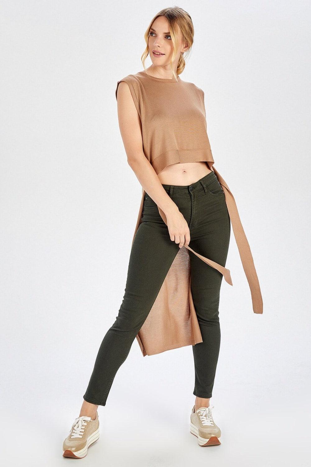 Peraluna-Arkası Uzun Kemerli Kolsuz Kadın Triko Bluz-Kazak & Triko-3-Milagron.com