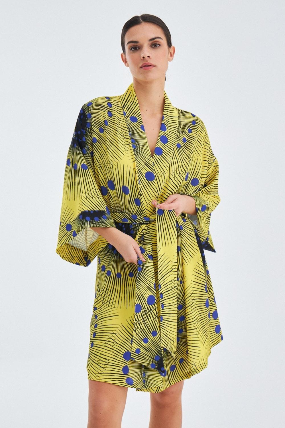 Peraluna-Aura Geometrik Desenli Diz Hizası Saten Kadın Kimono-Kimono-6-Milagron.com