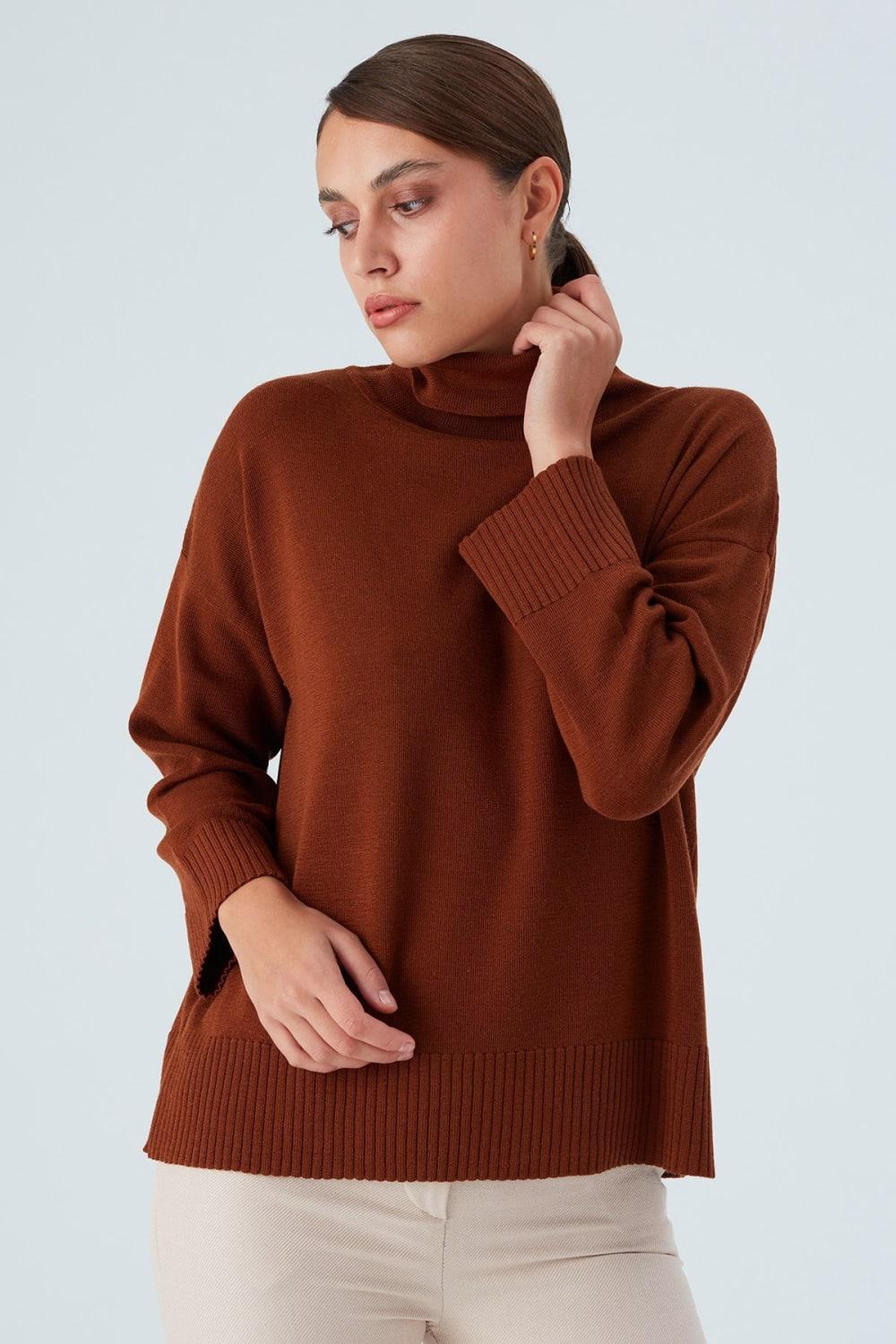 Peraluna-Balıkçı Yaka Boğazlı Bol Kesim Kadın Triko Kazak-Kazak & Triko-20-Milagron.com