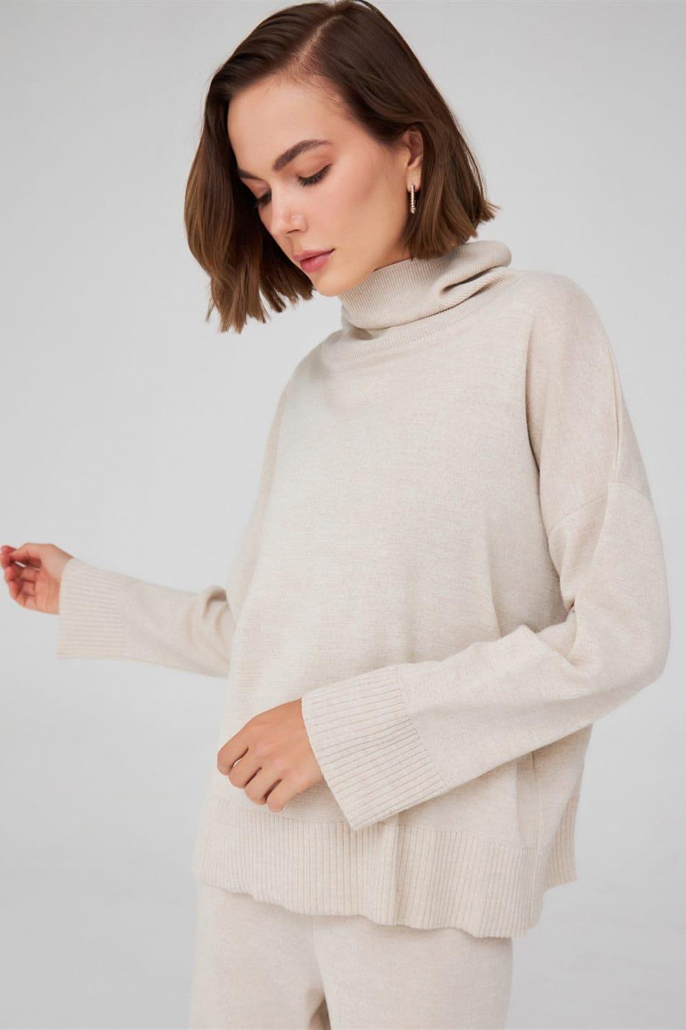 Peraluna-Balıkçı Yaka Boğazlı Bol Kesim Kadın Triko Kazak-Kazak & Triko-37-Milagron.com