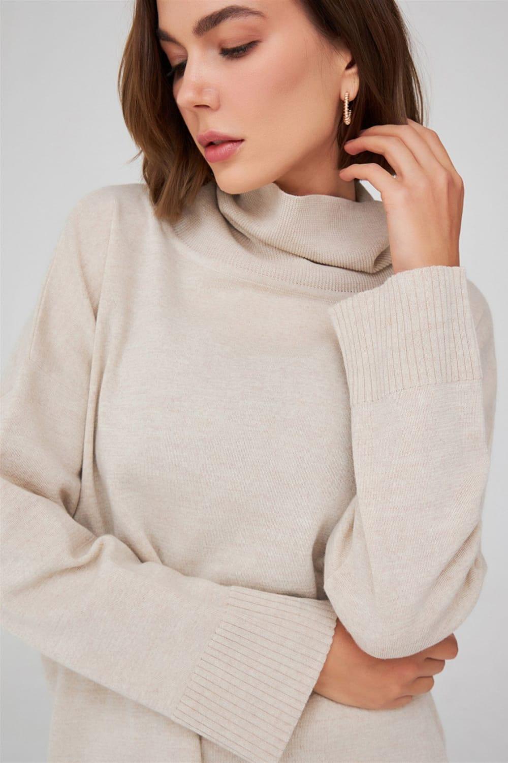 Peraluna-Balıkçı Yaka Boğazlı Bol Kesim Kadın Triko Kazak-Kazak & Triko-44-Milagron.com