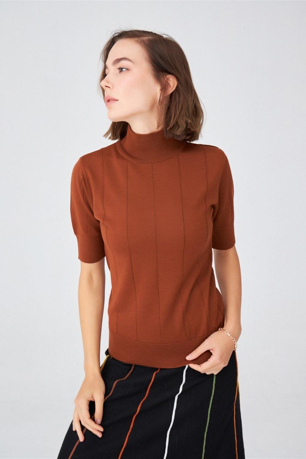 Peraluna-Balıkçı Yaka Kısa Kollu İnce Basic Kadın Triko Bluz-Top-13-Milagron.com