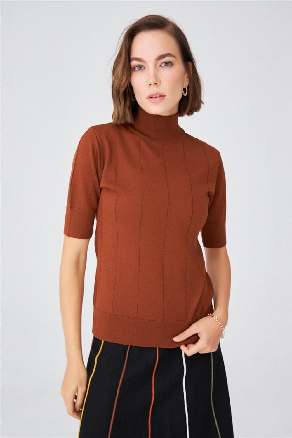 Peraluna-Balıkçı Yaka Kısa Kollu İnce Basic Kadın Triko Bluz-Top-14-Milagron.com