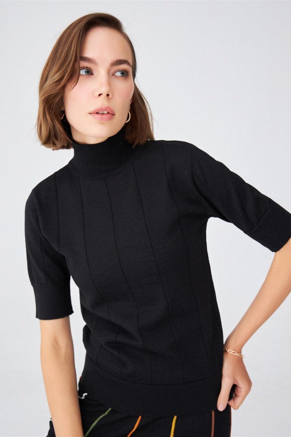 Peraluna-Balıkçı Yaka Kısa Kollu İnce Basic Kadın Triko Bluz-Top-16-Milagron.com