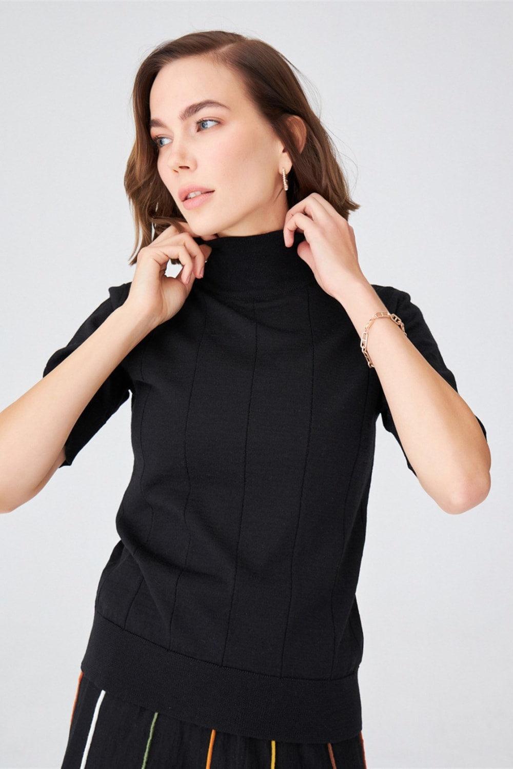 Peraluna-Balıkçı Yaka Kısa Kollu İnce Basic Kadın Triko Bluz-Top-19-Milagron.com