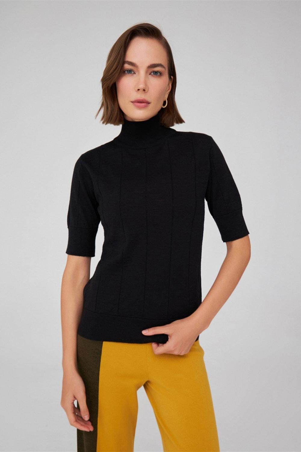 Peraluna-Balıkçı Yaka Kısa Kollu İnce Basic Kadın Triko Bluz-Top-20-Milagron.com