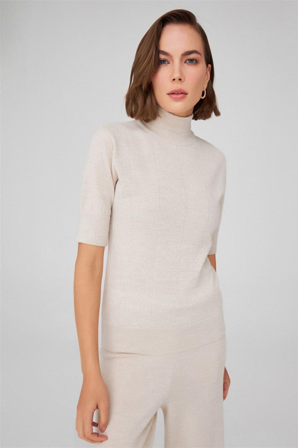 Peraluna-Balıkçı Yaka Kısa Kollu İnce Basic Kadın Triko Bluz-Top-22-Milagron.com