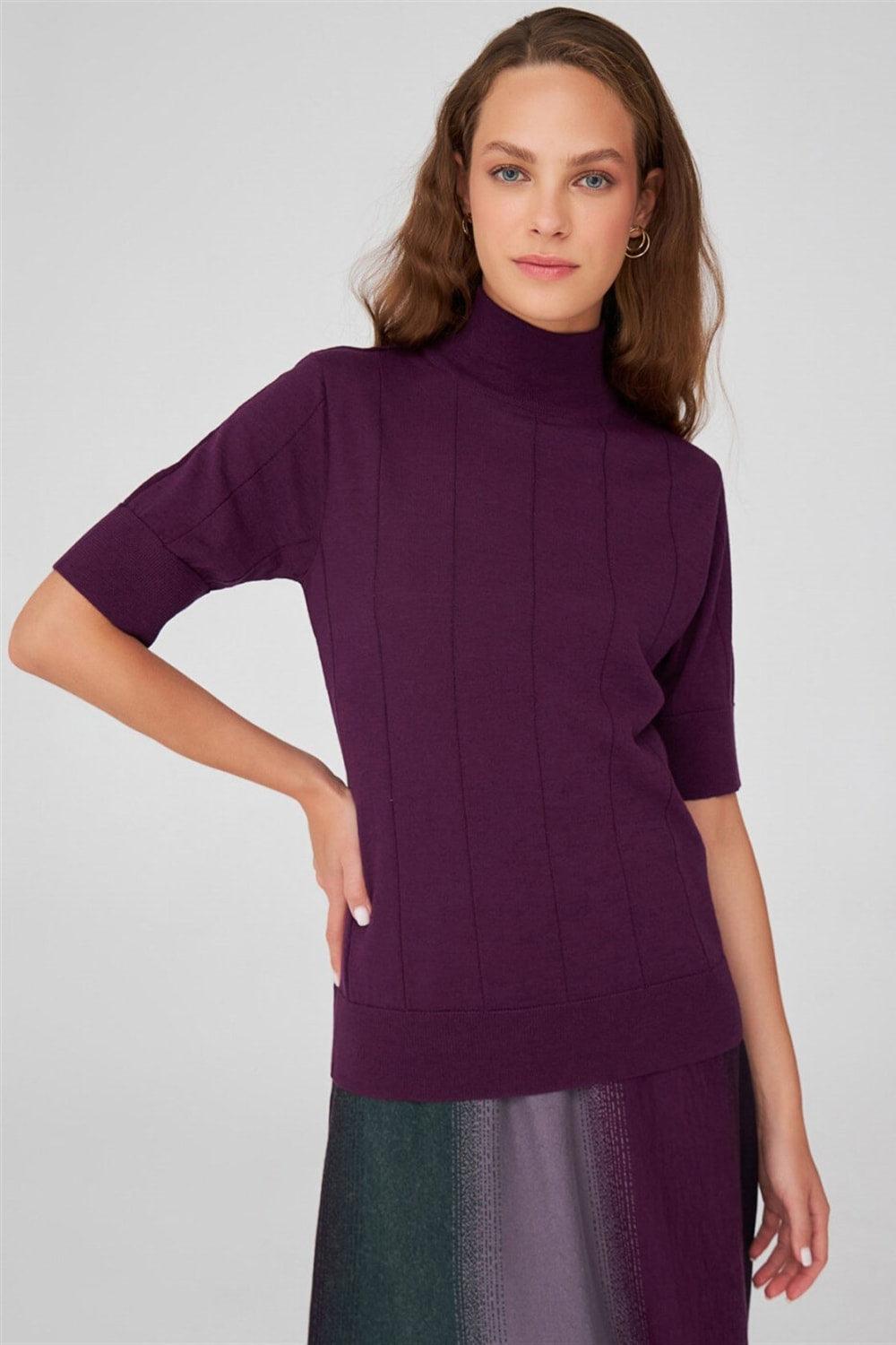 Peraluna-Balıkçı Yaka Kısa Kollu İnce Basic Kadın Triko Bluz-Top-27-Milagron.com