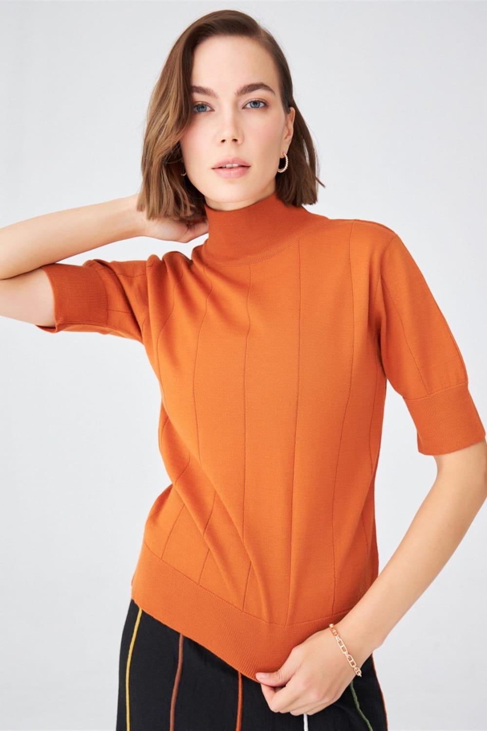 Peraluna-Balıkçı Yaka Kısa Kollu İnce Basic Kadın Triko Bluz-Top-36-Milagron.com