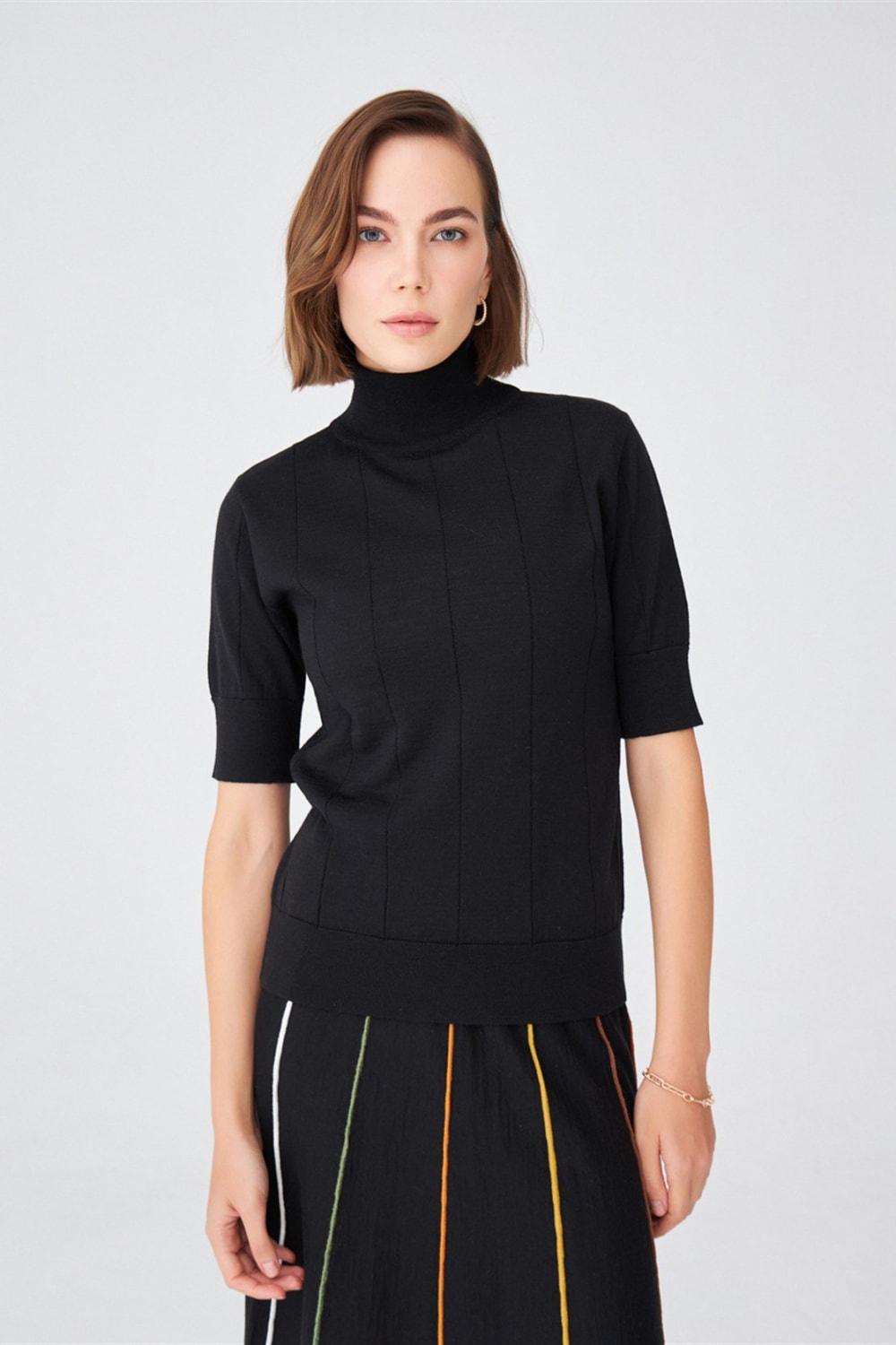 Peraluna-Balıkçı Yaka Kısa Kollu İnce Basic Kadın Triko Bluz-Top-52-Milagron.com