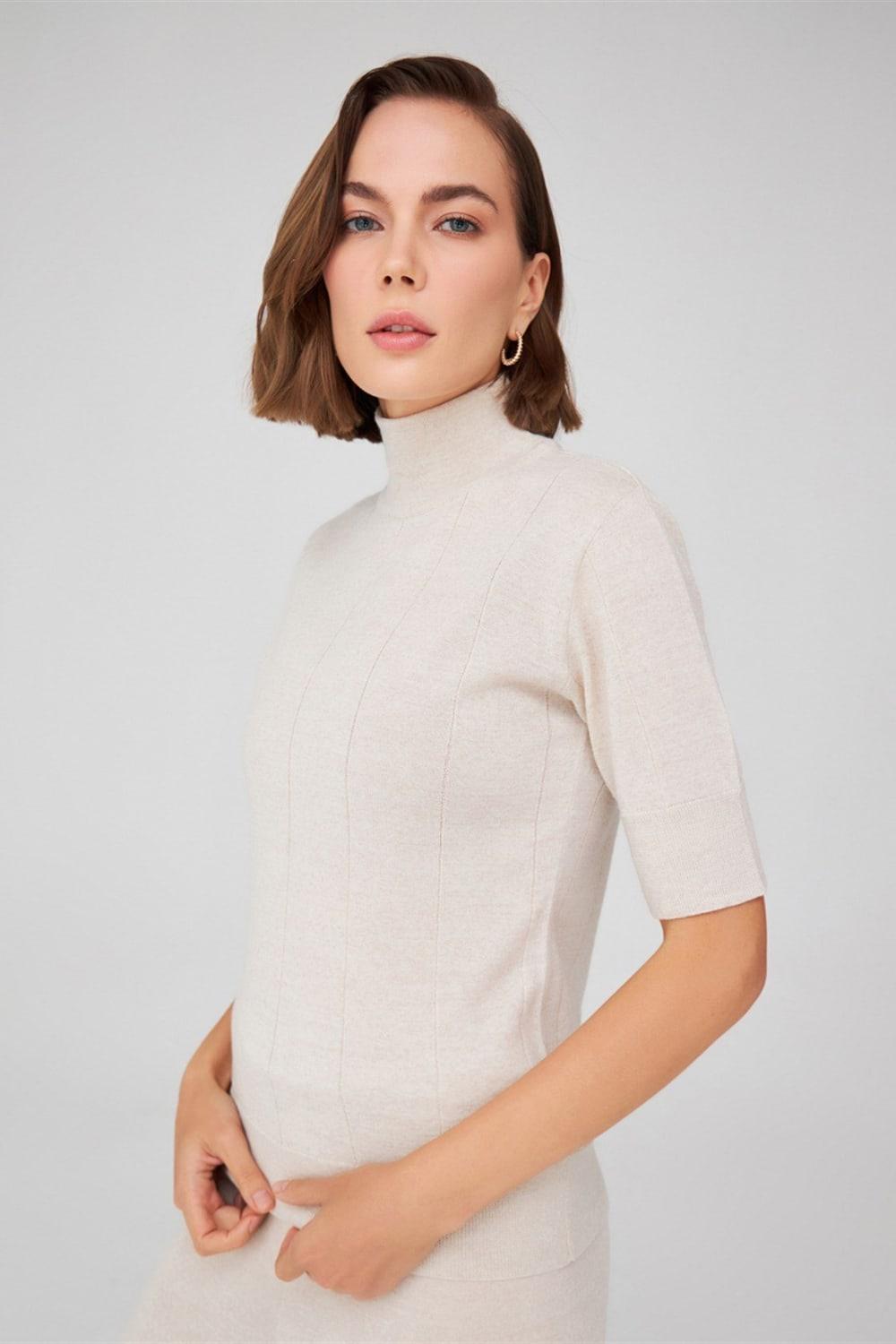 Peraluna-Balıkçı Yaka Kısa Kollu İnce Basic Kadın Triko Bluz-Top-54-Milagron.com